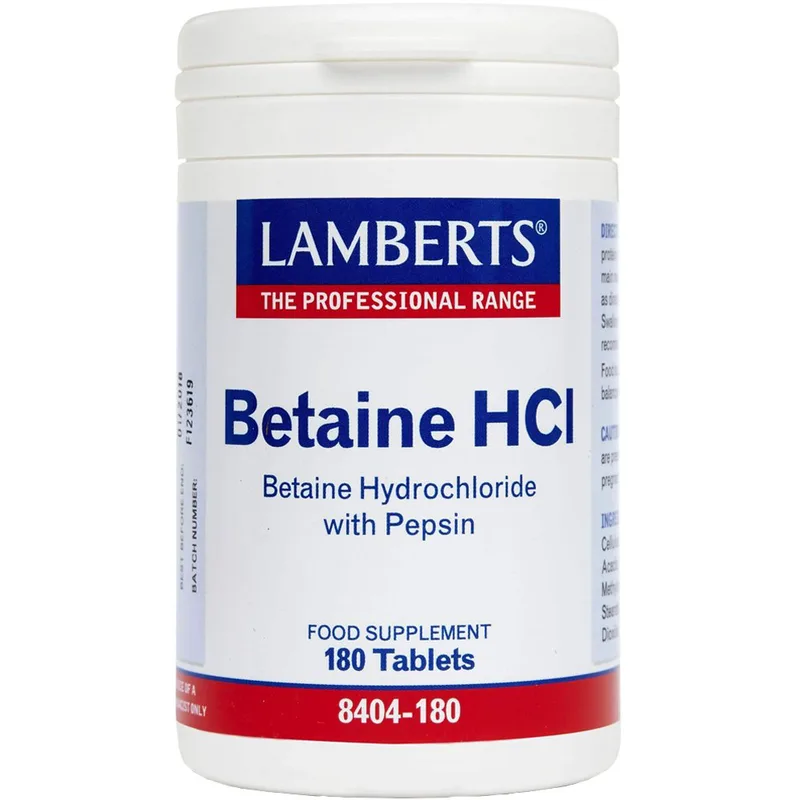 Lamberts Betaine HCI Συμπλήρωμα Διατροφής για την Αποκατάσταση της Μειωμένης Οξύτητας του Στομάχου Κατά της Δυσπεψίας 180tabs