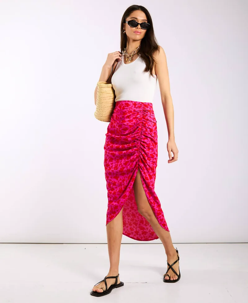Pink Floral Ruche Side Midi Skirt | Clothing Size: 14