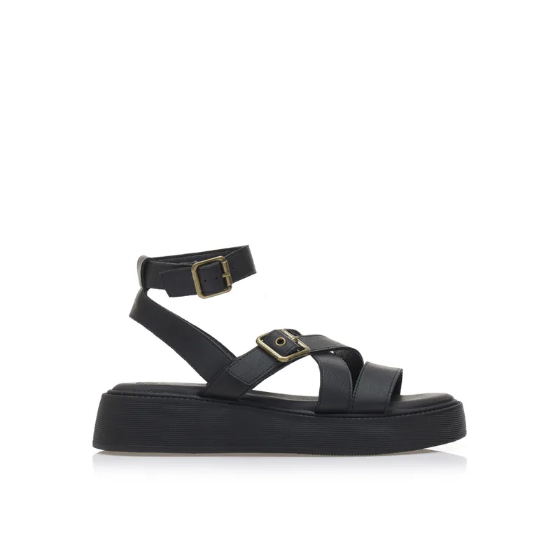 Flatforms μαύρα δερματίνη με χιαστί λουράκια ΜΑΥΡΟ