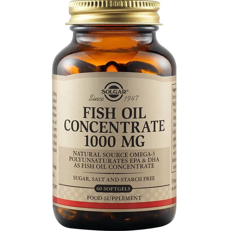 Solgar Fish Oil Concentrate 1000mg Συμπλήρωμα Διατροφής Συμπυκνωμένου Ιχθυέλαιο Πλούσιο σε Ωμέγα 3 για την Ενίσχυση της Λειτουργίας της Καρδιάς, του Εγκεφάλου & της Όρασης 60 Softgels