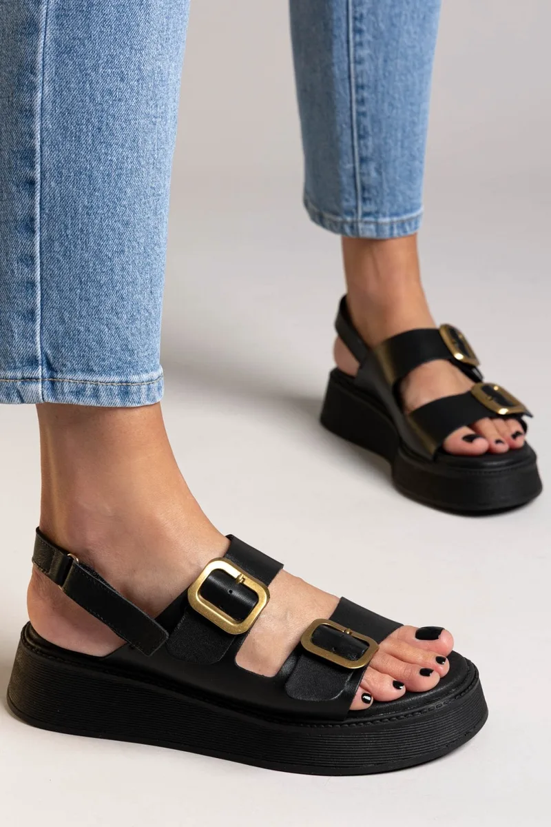 RAGAZZA Leather Flatform Sandals Buckles - 1238 - Black