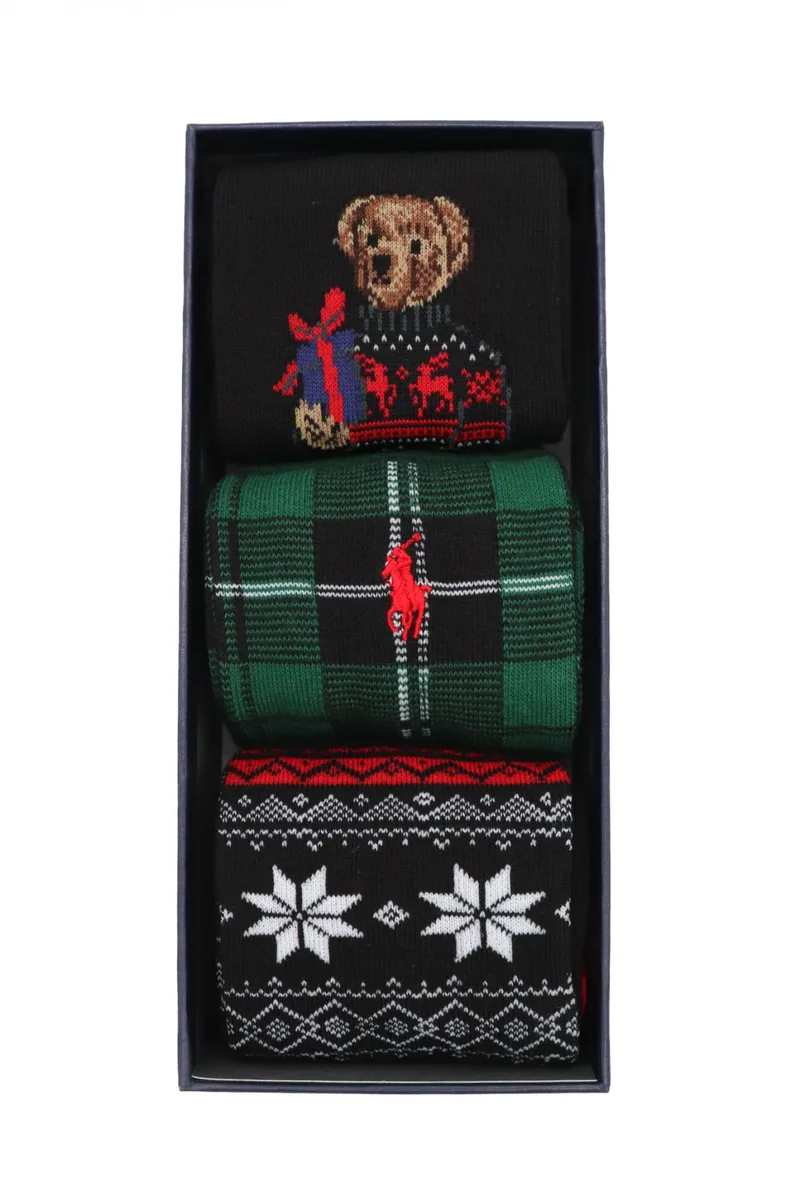 RALPH LAUREN ΚΑΛΤΣΕΣ 3PAIRS LOGO BEAR ΜΑΥΡΟ-ΠΡΑΣΙΝΟ