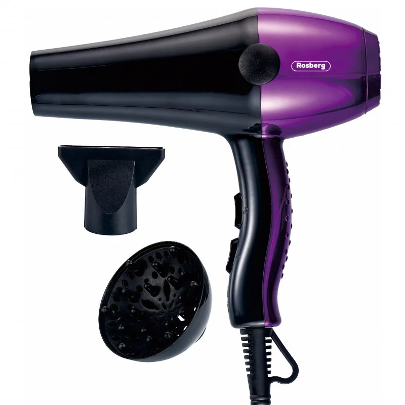 Πιστολάκι μαλλιών με διαχύτη Rosberg R51100SD, 2000W, 3 ρυθμίσεις θερμοκρασίας, 2 ταχύτητες, μοτέρ DC, Μαύρο/Μωβ