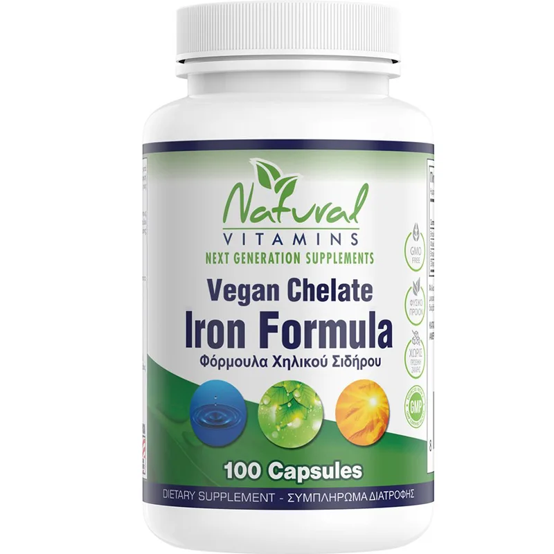 Natural Vitamins Vegan Iron Chelate Formula Συμπλήρωμα Διατροφής Φόρμουλας Χηλικού Σιδήρου για Αυστηρά Χορτοφάγους για την Υποστήριξη του Αιμοποιητικού Συστήματος, Αντιμετώπιση της Αναιμίας & Κατά της Κόπωσης 100caps