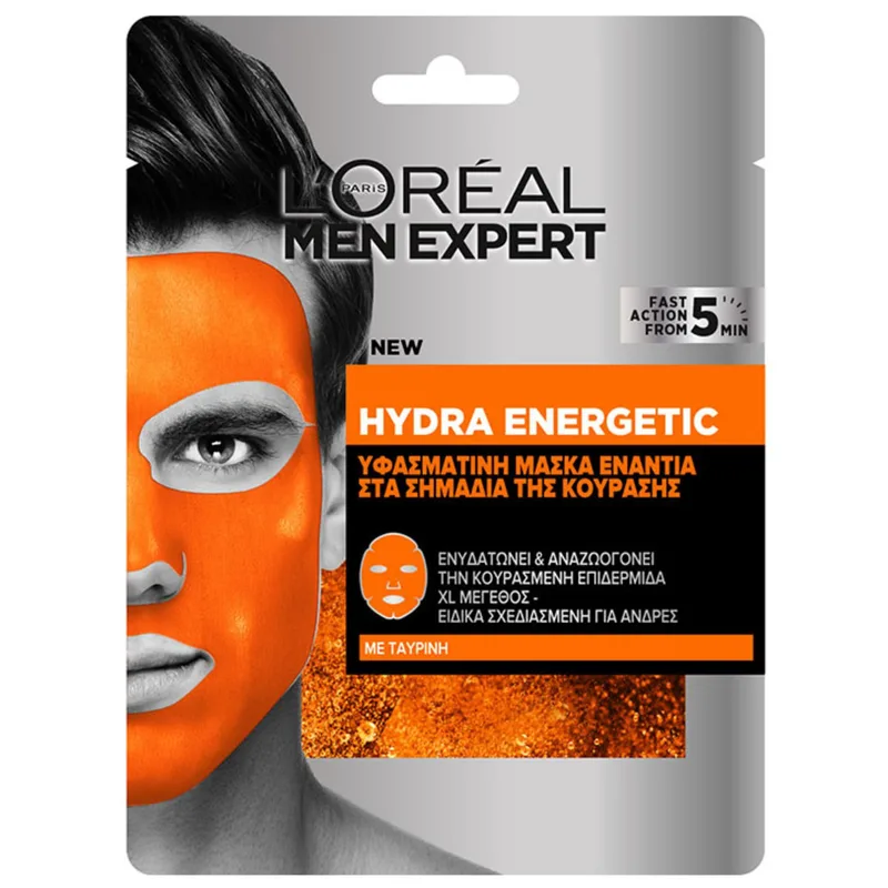 L'Oreal Paris Men Expert Hydra Energetic Tissue Mask Ενυδατική & Αναζωογονητική Ανδρική Υφασμάτινη Μάσκα Προσώπου με Ταυρίνη 1x30g