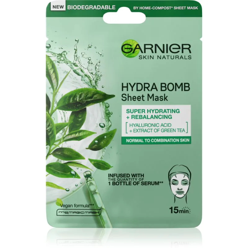Garnier Textil Masks Hydra Bomb σούπερ ενυδατική καθαριστική υφασμάτινη μάσκα για κανονική έως μικτή επιδερμίδα 28 γρ