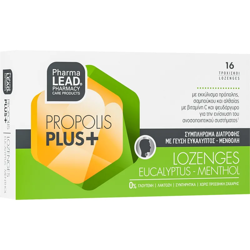 Pharmalead Propolis Plus+ Συμπλήρωμα Διατροφής Εκχυλίσματος Πρόπολης, Αλθαίας, Σαμπούκου, Βιταμίνης C & Ψευδάργυρου για Ενίσχυση του Ανοσοποιητικού & Αντιμετώπιση των Ιώσεων & του Κρυολογήματος σε Καραμέλες με Γεύση Ευκάλυπτου - Μενθόλης 16 Lozenges,