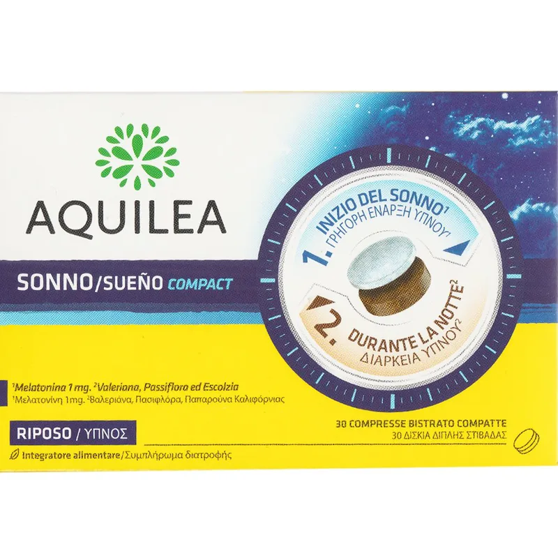 Aquilea Sueno Compact Συμπλήρωμα Διατροφής με Μελατονίνη & Εκχυλίσματα Βαλεριάνας, Πασιφλόρας & Παπαρούνας της Καλιφόρνιας, για Γρήγορη Έναρξη & Μεγαλύτερη Διάρκεια του Ύπνου 30tabs
