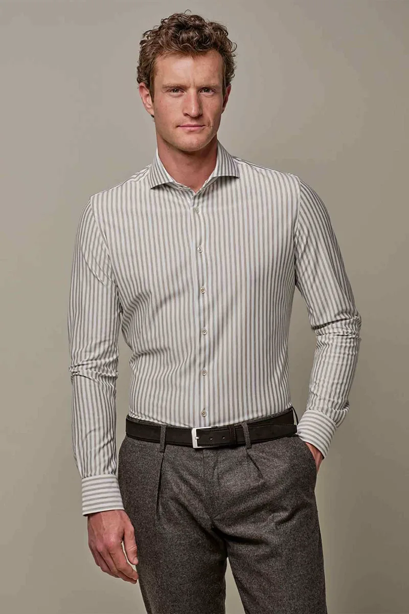 Profuomo ανδρικό πουκάμισο με ριγέ σχέδιο Japanese knitted Slim Fit - PPVH30045B Καφέ Ανοιχτό