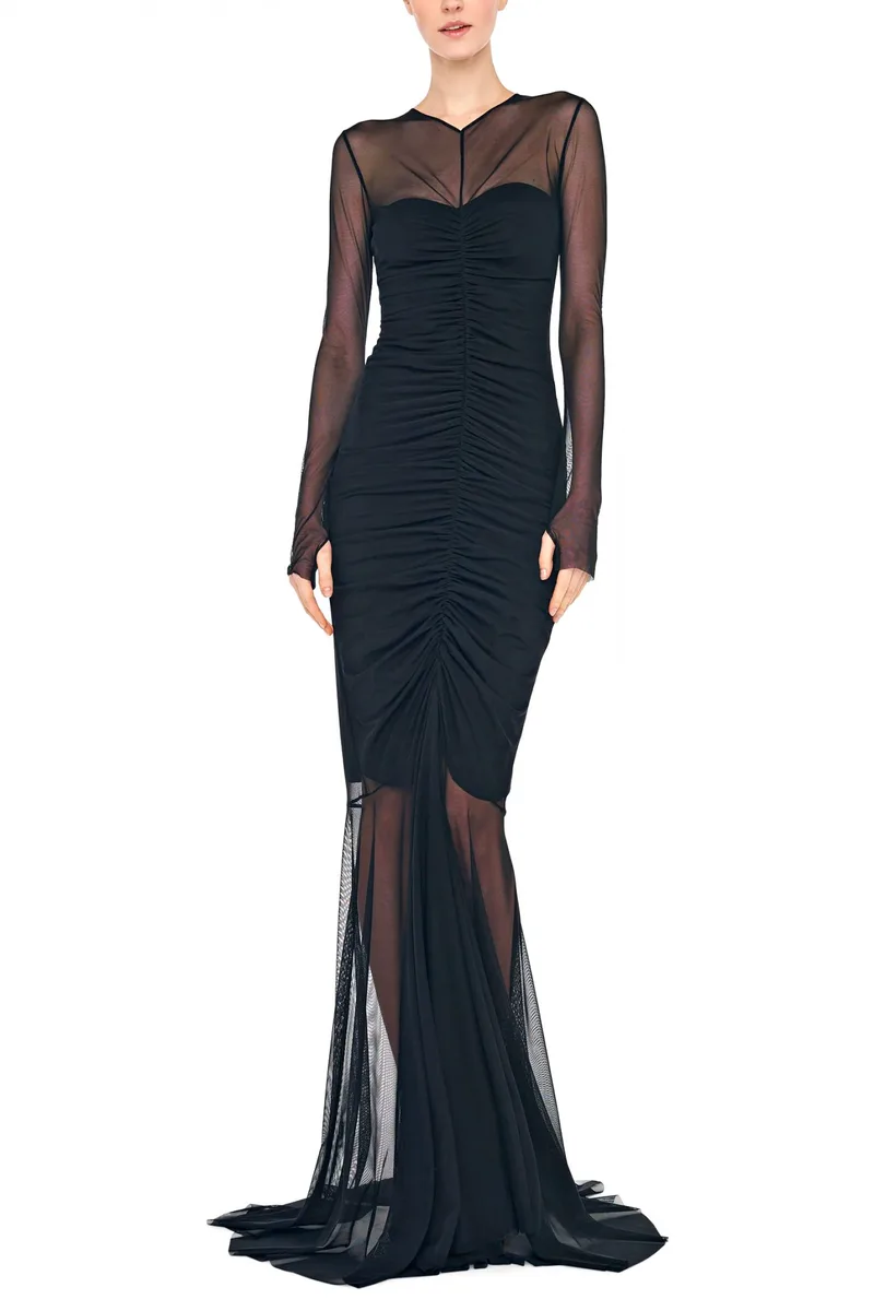 NORMA KAMALI ΦΟΡΕΜΑ V NECK ΤΟΥΛΙ FISHTAIL GOWN ΜΑΥΡΟ