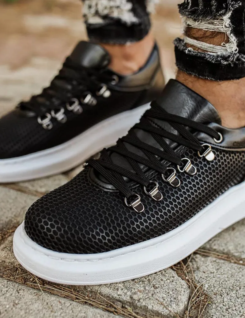 Ανδρικά ασπρόμαυρα Sneakers δερματίνη ανάγλυφο σχέδιο CH021