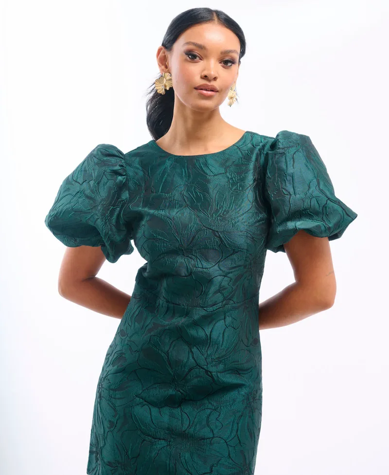 Green Jacquard Puff Sleeve Mini Dress | Size: 10
