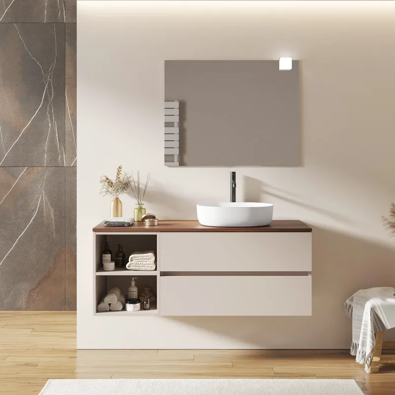 Έπιπλο με 2 Συρτάρια & 2 Ράφια Premium Ivory Μπεζ & Ξύλινο Πάγκο Καρυδιάς (135x45cm)