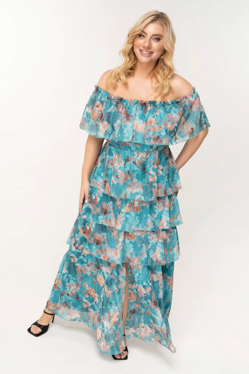 Maxi φόρεμα με βολάν σε floral τυρκουάζ χρώμα plus size