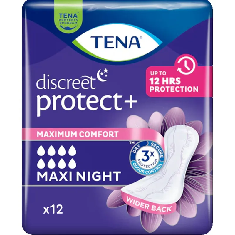 Tena Discreet Protect+ Maxi Night Σερβιέτες Νυκτός για Βαριάς Μορφής Ακράτεια 12 Τεμάχια