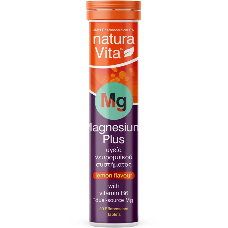 Natura Vita Magnesium Plus Συμπλήρωμα Μαγνησίου & Βιταμίνης Β6 για την καλή Υγεία του Νευρικού Συστήματος & Μυών με Γεύση Λεμόνι 20 Effer.tabs