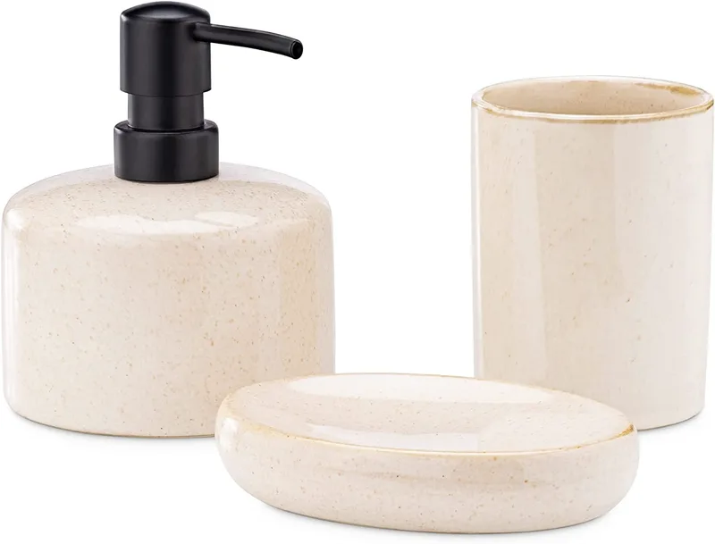 Navaris Sand Bathroom Set - Σετ με 3 Κεραμικά Αξεσουάρ Μπάνιου με Δοχείο Σαπουνιού / Δοχείο για Οδοντόβουρτσες / Βάση Σαπουνιού - Sand (56524.01)