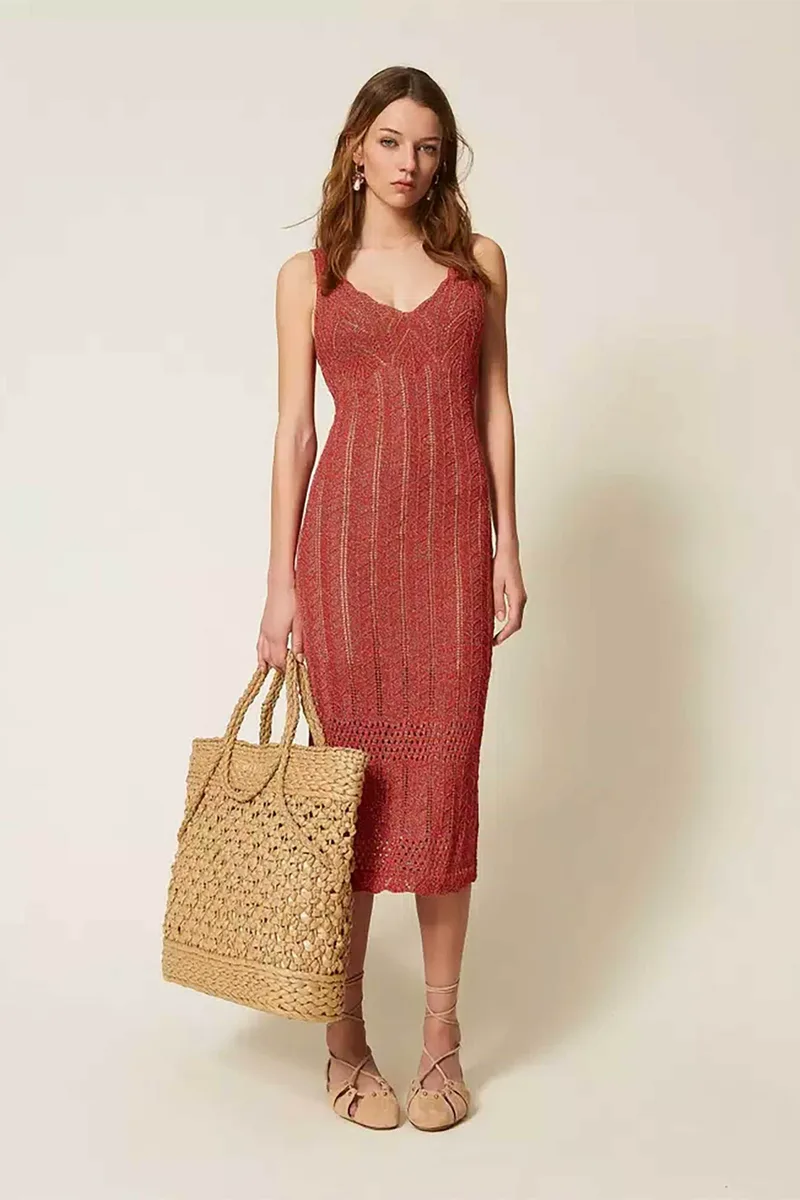 Twinset γυναικείο midi αμάνικο φόρεμα lurex πλεκτό - 261TT3322 Μπορντό