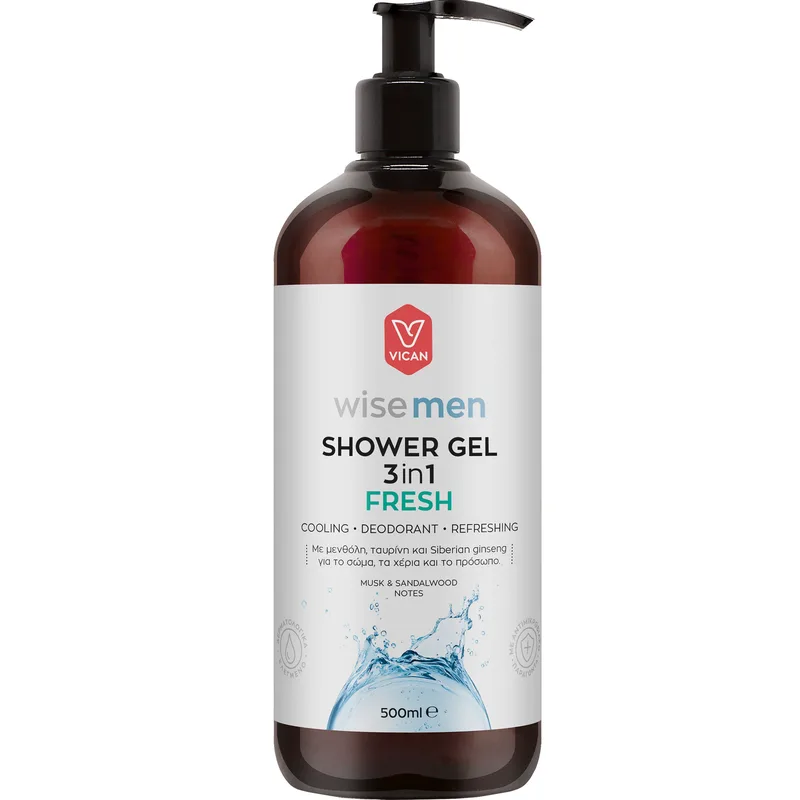 Vican Wise Men Shower Gel 3 in 1 Fresh Ανδρικό Αφρόλουτρο για Καθαρισμό & Αίσθηση Φρεσκάδας με Άρωμα Musk & Σανταλόξυλο με Αντλία 500ml