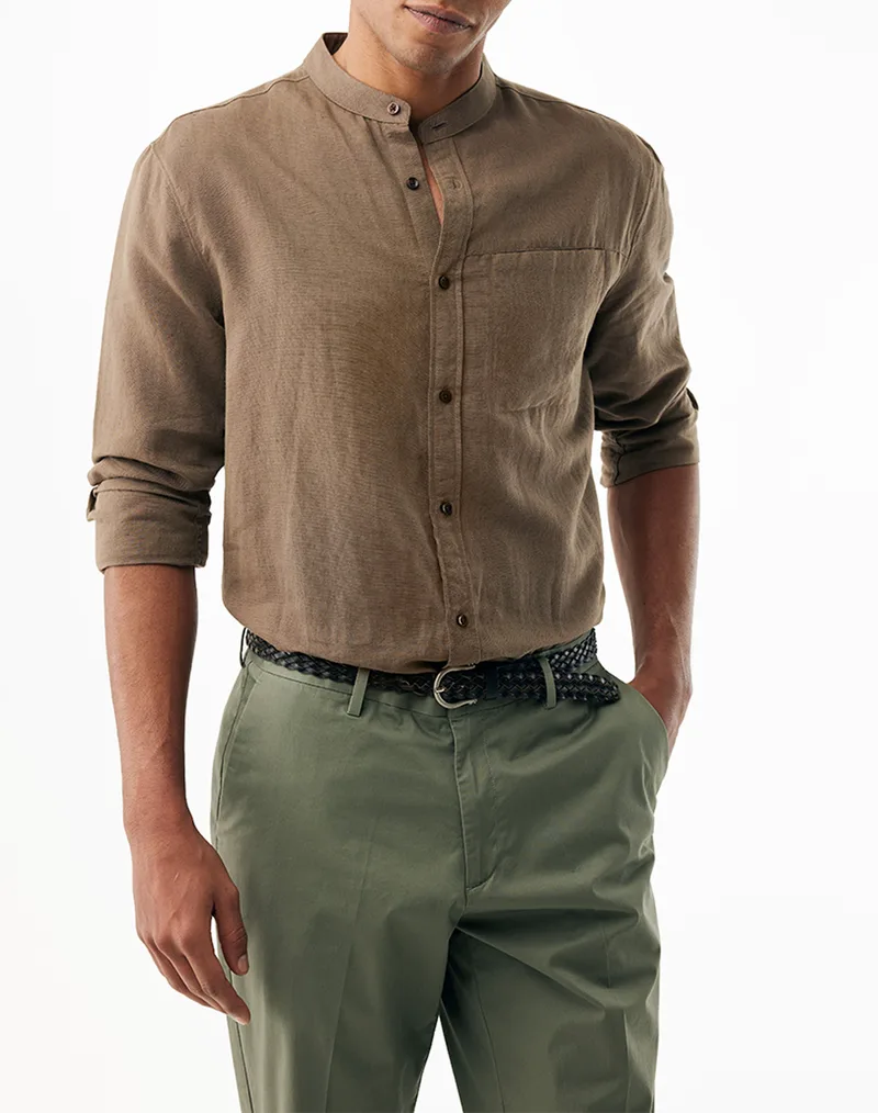 MEXX Mao collar linen shirt MF007202661M-190809 Chocolate