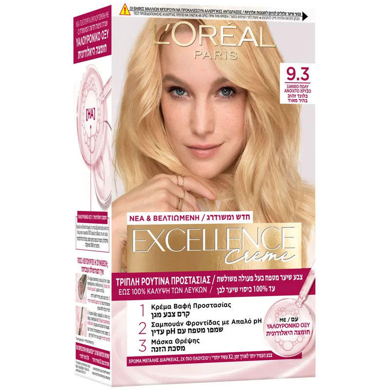 L'Oreal Paris Excellence Creme Μόνιμη Βαφή σε Κρέμα Τριπλής Προστασίας για Κάλυψη των Λευκών 1 Τεμάχιο - 9.3 Ξανθό Πολύ Ανοιχτό Χρυσό