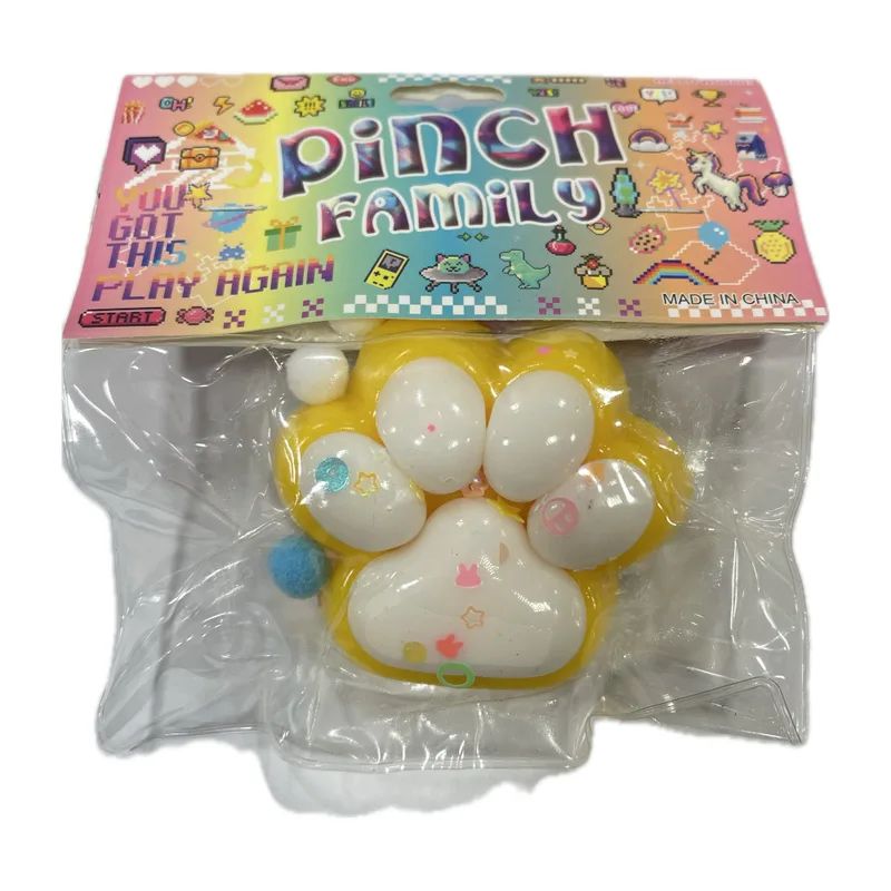 Antistress Pinch Family Squishy Πατούσα Δίχρωμη με Pon Pon 6cm Κίτρινο