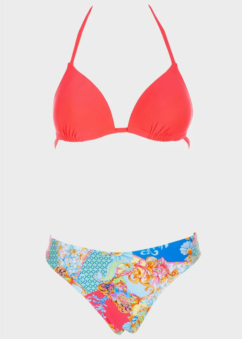 Set bikini τριγωνάκι push up slip all print. Kαλύπτει B Cup ΚΟΡΑΛΙ