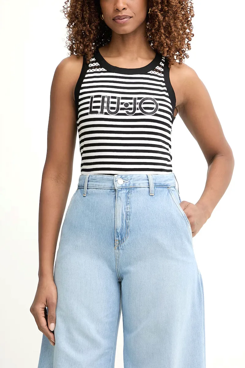 LIU-JO TANK TOP ΡΙΓΕ LOGO ΣΤΡΑΣ ΜΑΥΡΟ-ΕΚΡΟΥ