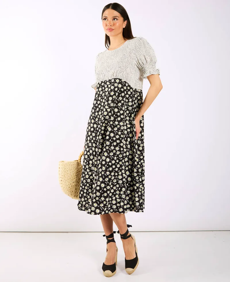 Daisy Spot Puff Sleeve Midi Dress | Clothing Size: 10