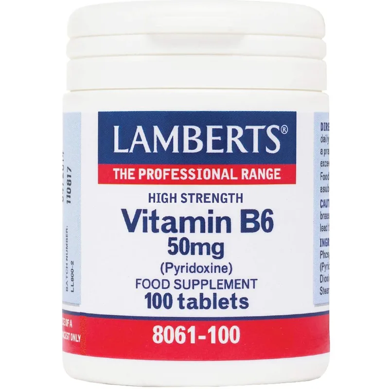 Lamberts B6 Συμπλήρωμα Διατροφής Βιταμίνης Β6 για την Καλή Υγεία του Καρδιαγγειακού Συστήματος & τη Μείωση Κατακράτησης Κατά τη Διάρκεια της Περιόδου 50mg, 100tabs