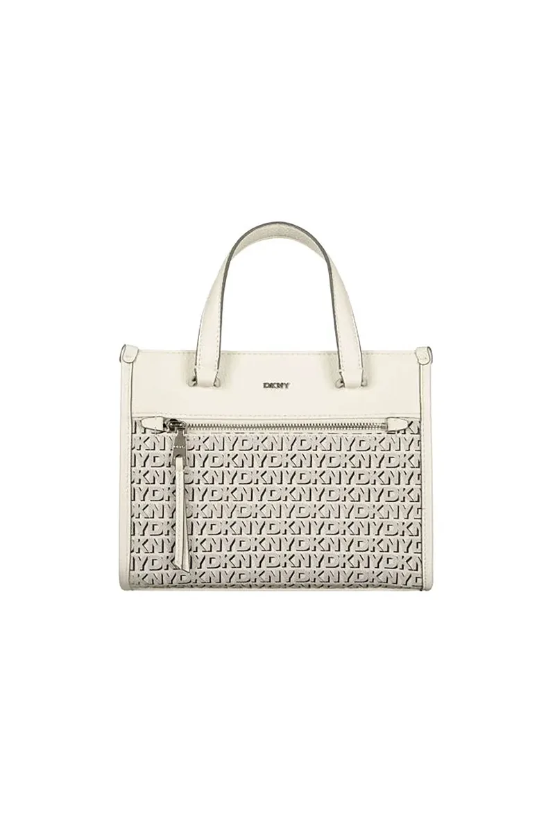 DKNY γυναικεία δερμάτινη τσάντα tote με all-over logo print και μεταλλικό λογότυπο "Zoie" - R42A5F54 Εκρού