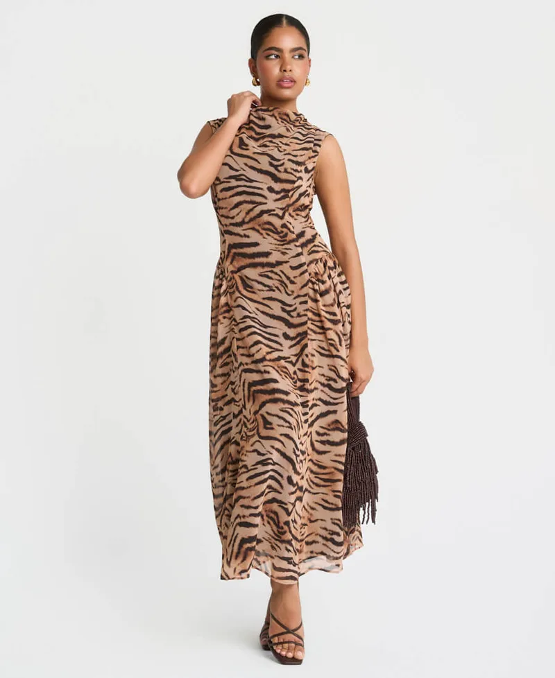 Brown Tiger Print Midaxi Dress | Size: 14
