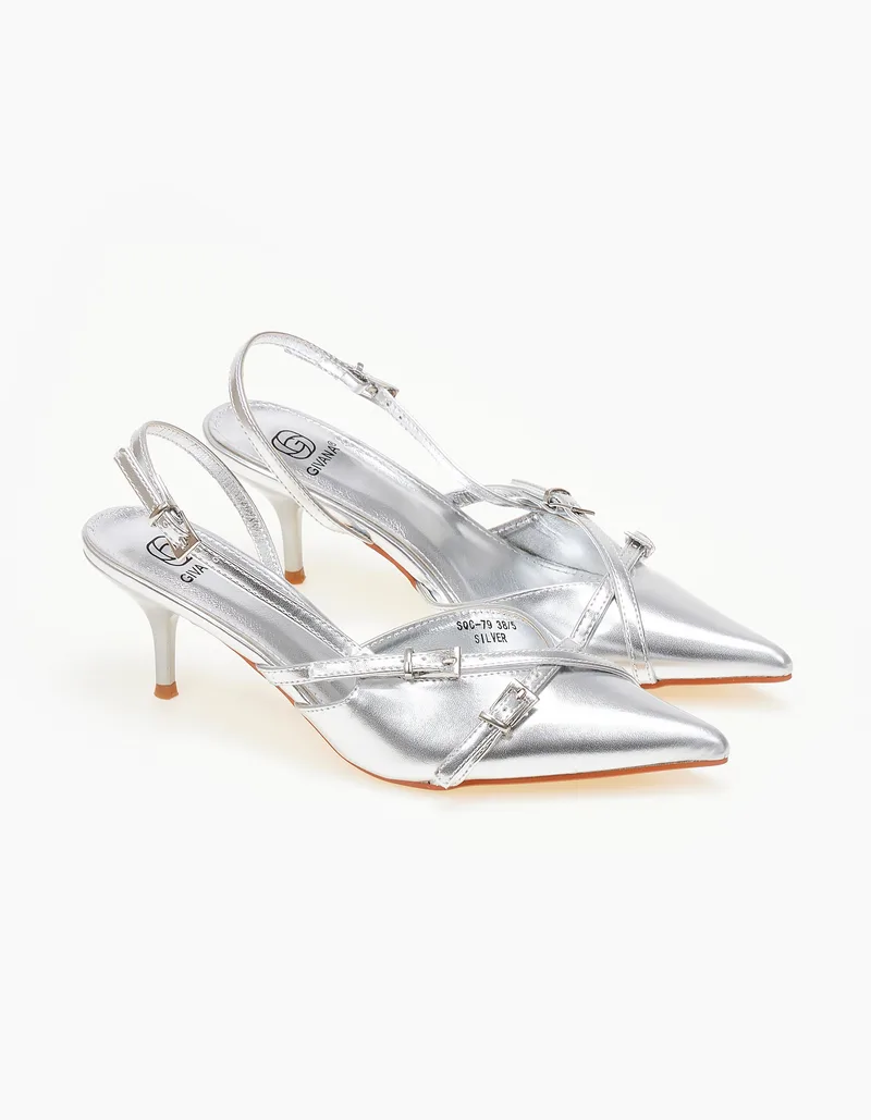 Slingback μυτερές γόβες με λεπτό τακούνι - Ασημί