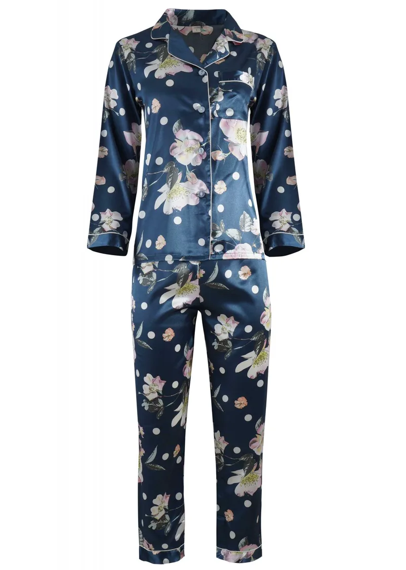 Γυναικεία saten πιτζάμα με κουμπιά floral all print.Saten Collection ΠΕΤΡΟΛ