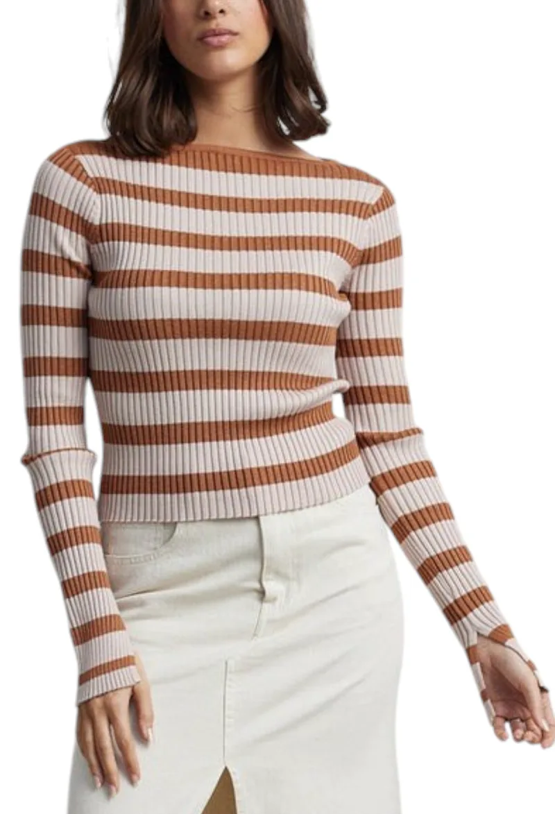Πουλόβερ 24 Colours Ribbed & Striped 41148b-BROWN Γυναικείο