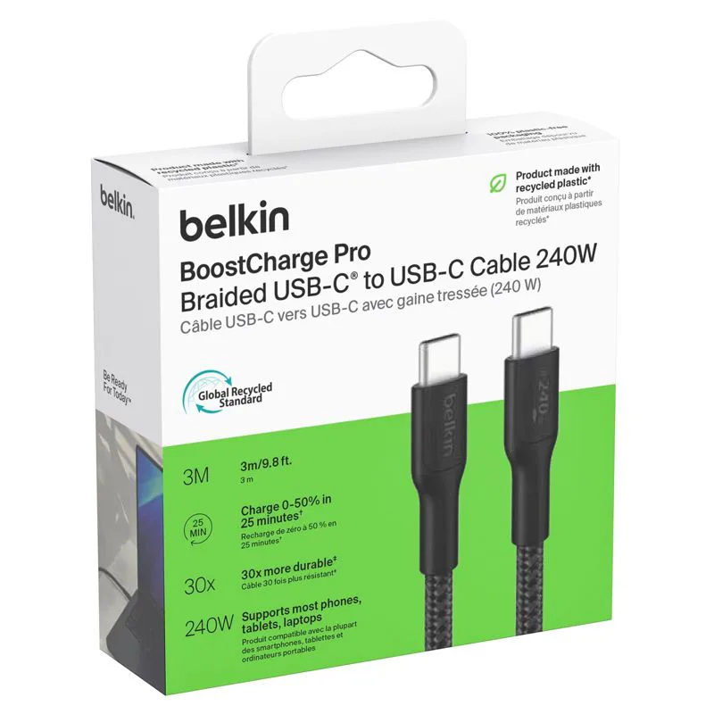 Belkin USB-C/USB-c Kabel 240W 3m geflochten, weiÃ CAB025hq3MWH