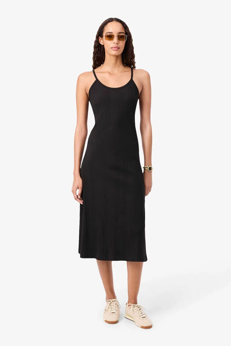 Lacoste γυναικείο midi φόρεμα ribbed με λεπτές τιράντες και λογότυπο Slim Fit - EF0966 Καφέ Σκούρο