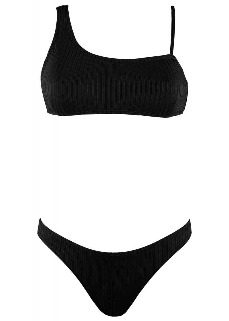 Γυναικείο set μαγιό bra one shoulder αποσπώμενη ενίσχυση bikini brazil. Καλύπτει B-C Cup. ΜΑΥΡΟ