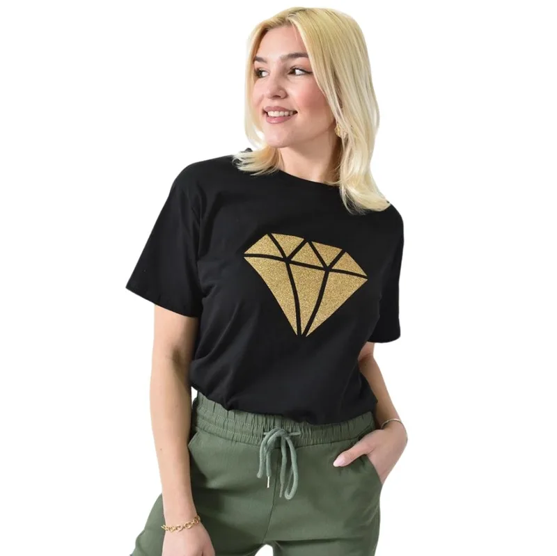 Γυναικείο T-shirt με χρυσό τύπωμα διαμάντι Μαύρο 26388
