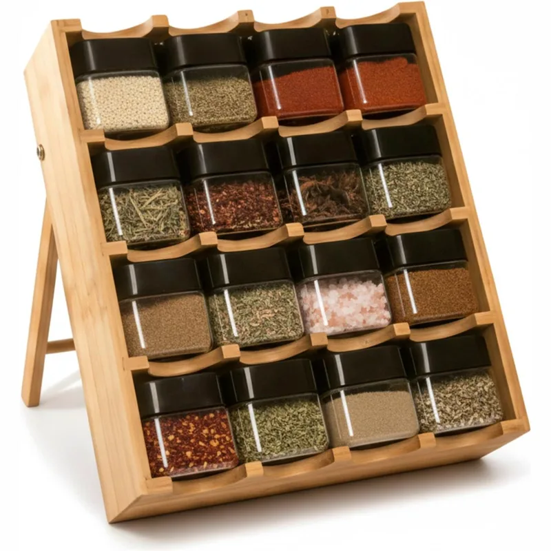 Βάση Μπαχαρικών Relaxdays Spice Rack με 4 Ράφια από Μπαμπού & 16 Βαζάκια 35 x 30 x 9 cm - Natural / Clear / Black (10052273)