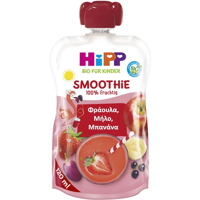 Hipp Bio Smoothie with Strawberry, Apple & Banana 1year+ Βιολογικό Ρόφημα από Φρούτα & Χυμούς με Φράουλα, Μήλο & Μπανάνα Χωρίς Προσθήκη Ζάχαρης για Παιδιά από 1 Έτους 120ml