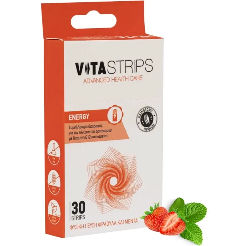 Vitastrips Energy Συμπλήρωμα Διατροφής με Βιταμίνη Β12 & Καφεΐνη Κατά της Κούρασης & Κόπωσης για Ενέργεια με Γεύση Φράουλα & Μέντα 30 Διασπειρόμενες στο Στόμα Ταινίες