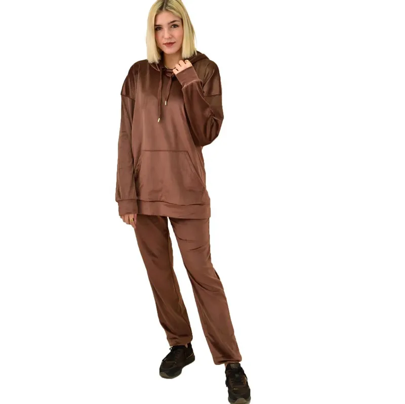 Γυναικείο σετ φόρμας velvet over size Καφέ 18263