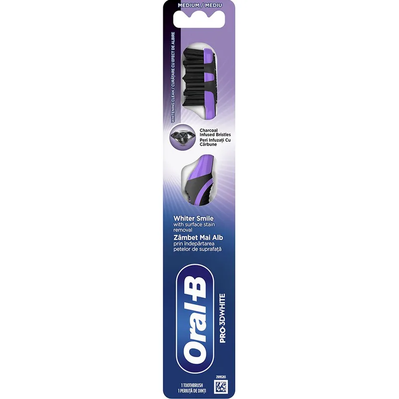 Oral-B Pro 3D White Charcoal Medium Toothbrush Χειροκίνητη Οδοντόβουρτσα με Μεσαίας Σκληρότητας Ίνες για Βαθύ Καθαρισμό & Λεύκανση με Ίνες από Ενεργό Άνθρακα 1 Τεμάχιο - Μωβ