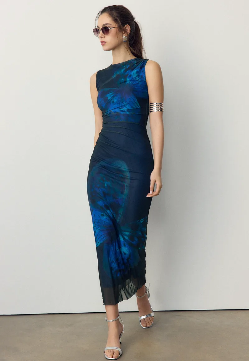 Stradivarius Εμπριμέ Μίντι Φόρεμα Από Τούλι Navy Blue S