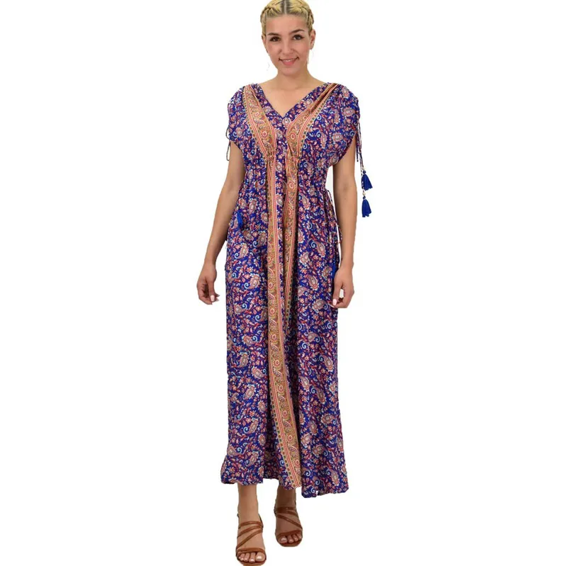 Γυναικείο μεταξωτό boho φόρεμα με κρόσια Μπλε Σκούρο 21183