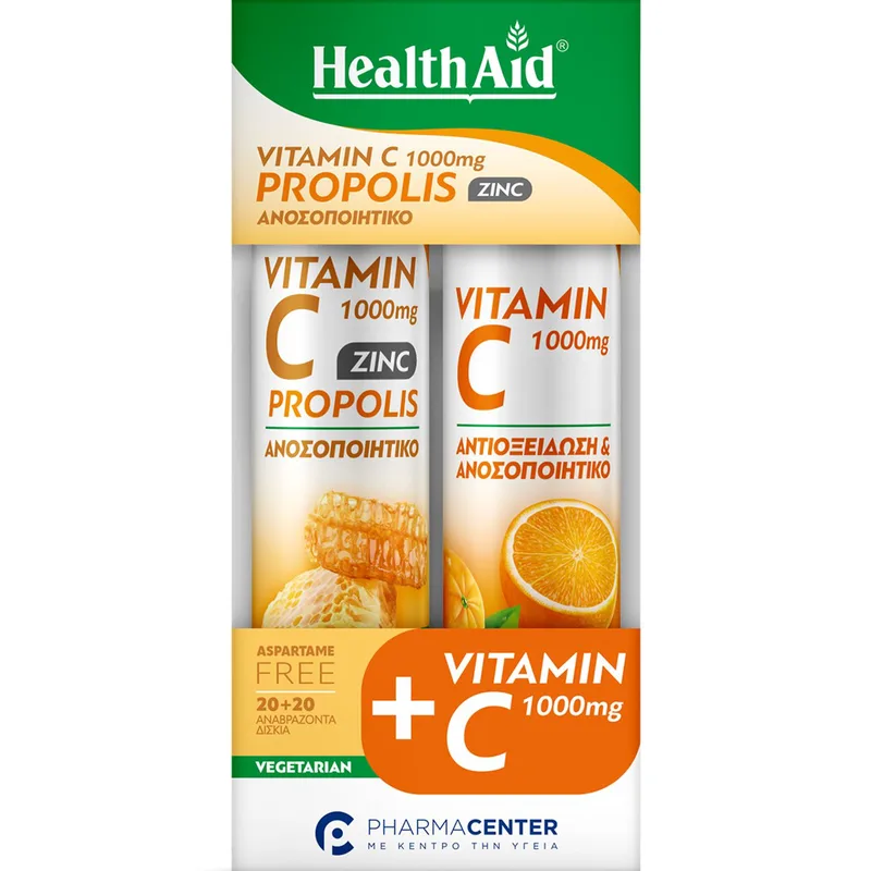 Health Aid Promo Vitamin C 1000mg, Propolis & Zinc Honey - Lemon 20 Effer.tabs & Vitamin C 1000mg Πορτοκαλί 20 Effer.tabs