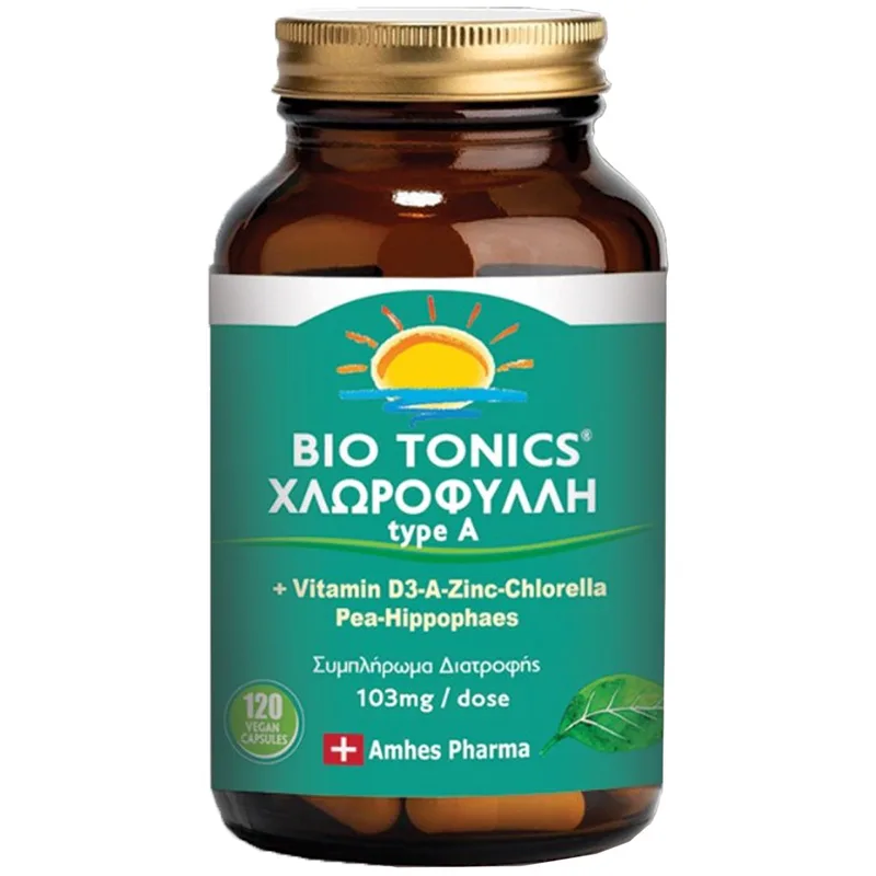 Biotonics Chlorophyll Type A D3, Zn & Pea, Hippophaes 103mg Συμπλήρωμα Διατροφής Χλωροφύλλης με Βιταμίνη D3 Ψευδάργυρο & Ιπποφαές για Τόνωση του Ανοσοποιητικού 120veg.caps
