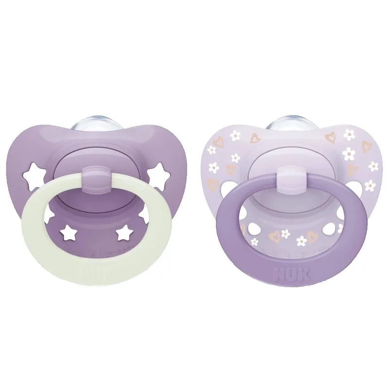 Nuk First Choice Classic Day & Night Silicone Soother 18-36m Ορθοδοντική Πιπίλα Σιλικόνης 2 Τεμάχια - Λιλά - Μωβ