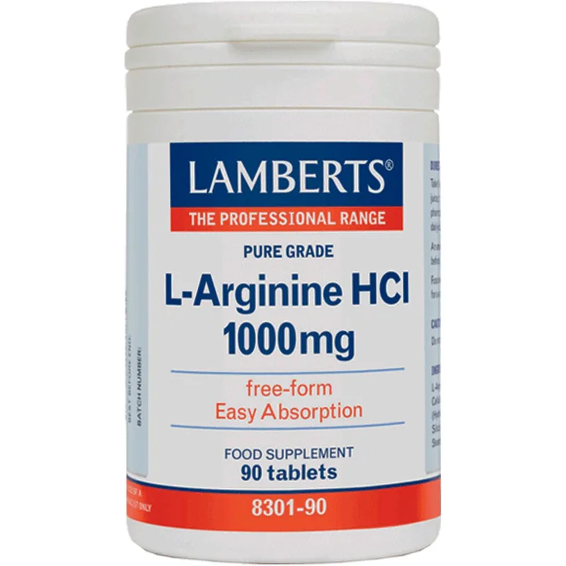 Lamberts L-Arginine HCL Συμπλήρωμα Διατροφής Αργινίνης για την Καλή Λειτουργία του Κυκλοφορικού, Αντιμετώπιση Τραυματισμών & Βελτίωση Ανδρικής Σεξουαλικής Υγείας 1000mg, 90tabs